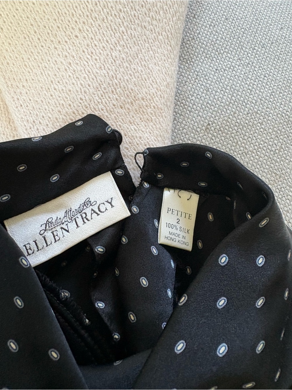 Ellen Tracy Petite Black Silk Blouse with Micro Dot Print Size: 2P